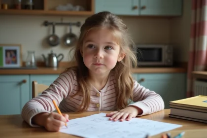 Jeune fille de 7 ans concentr&eacute;e sur une fiche scolaire