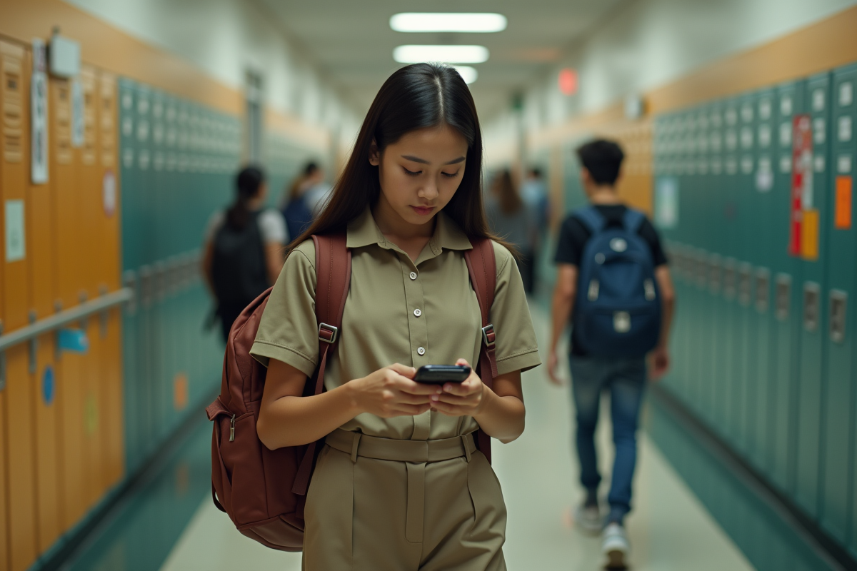Jeune fille en uniforme dans le couloir scolaire