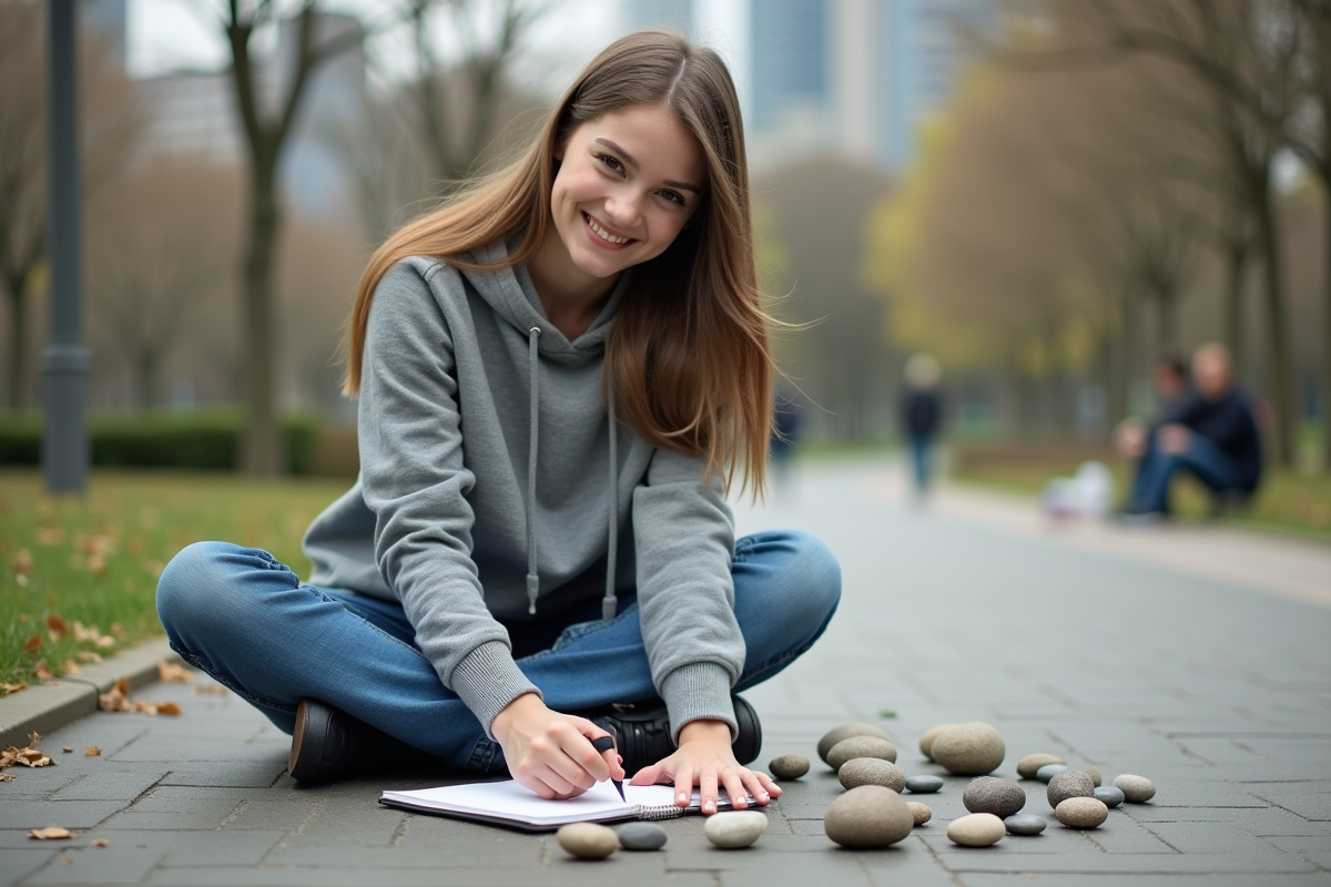 Jeune femme arrangeant des galets dans un parc urbain