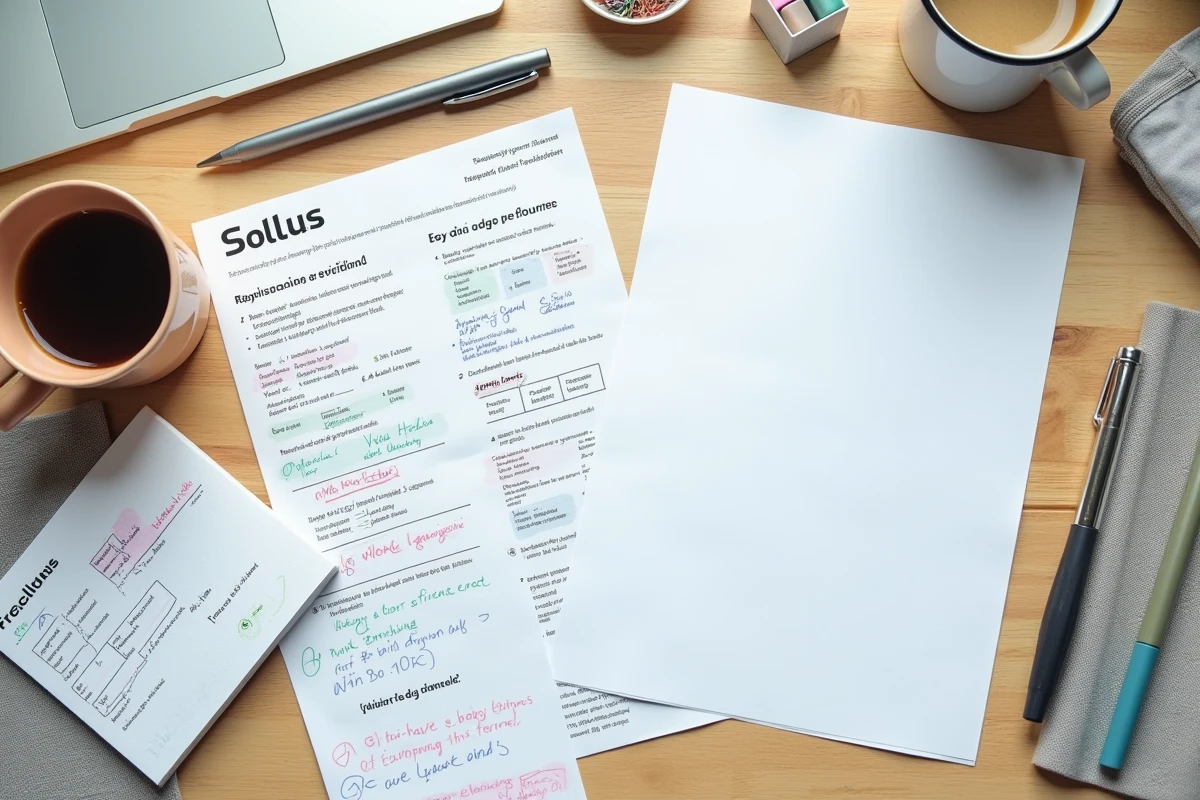 Vue en plongée d'un bureau avec des fiches de révision manuscrites colorées et un document Solus imprimé, stylos et café inclus