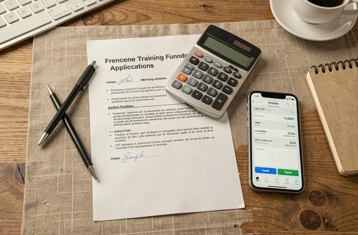 Vue en plongée d'une table de travail avec formulaires de financement CPF et calculs pour la formation FIMO