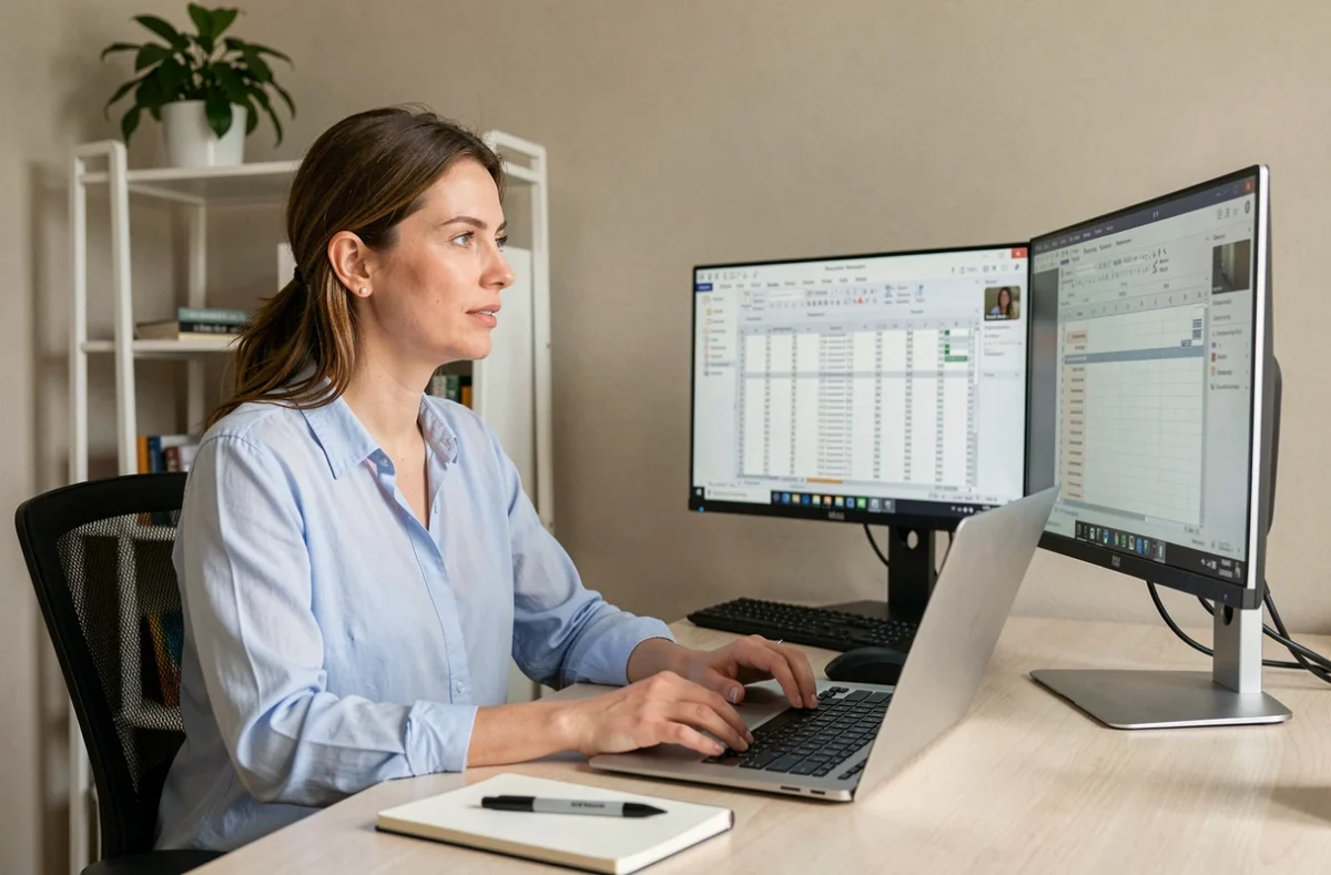 Femme suivant une formation bureautique et digitale à distance depuis son bureau à domicile, formation Formasuite