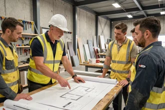 Formateur BTP expliquant un plan architectural à des stagiaires dans un centre de formation spécialisé dans le bâtiment