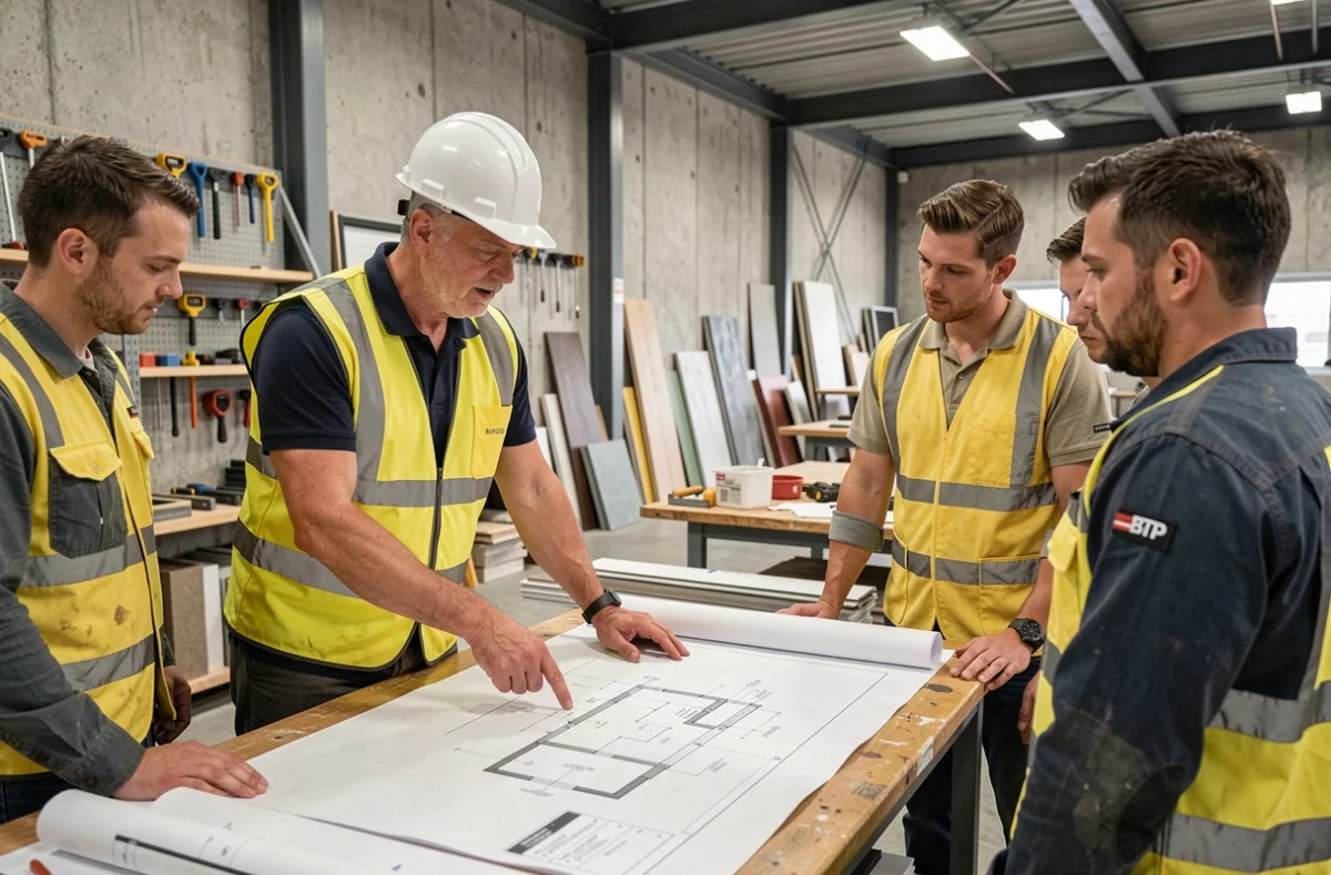 Formateur BTP expliquant un plan architectural à des stagiaires dans un centre de formation spécialisé dans le bâtiment