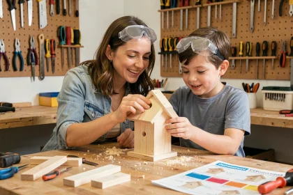 Mère et enfant assemblant une cabane à oiseaux en bois lors d'une formation bricolage en famille à domicile