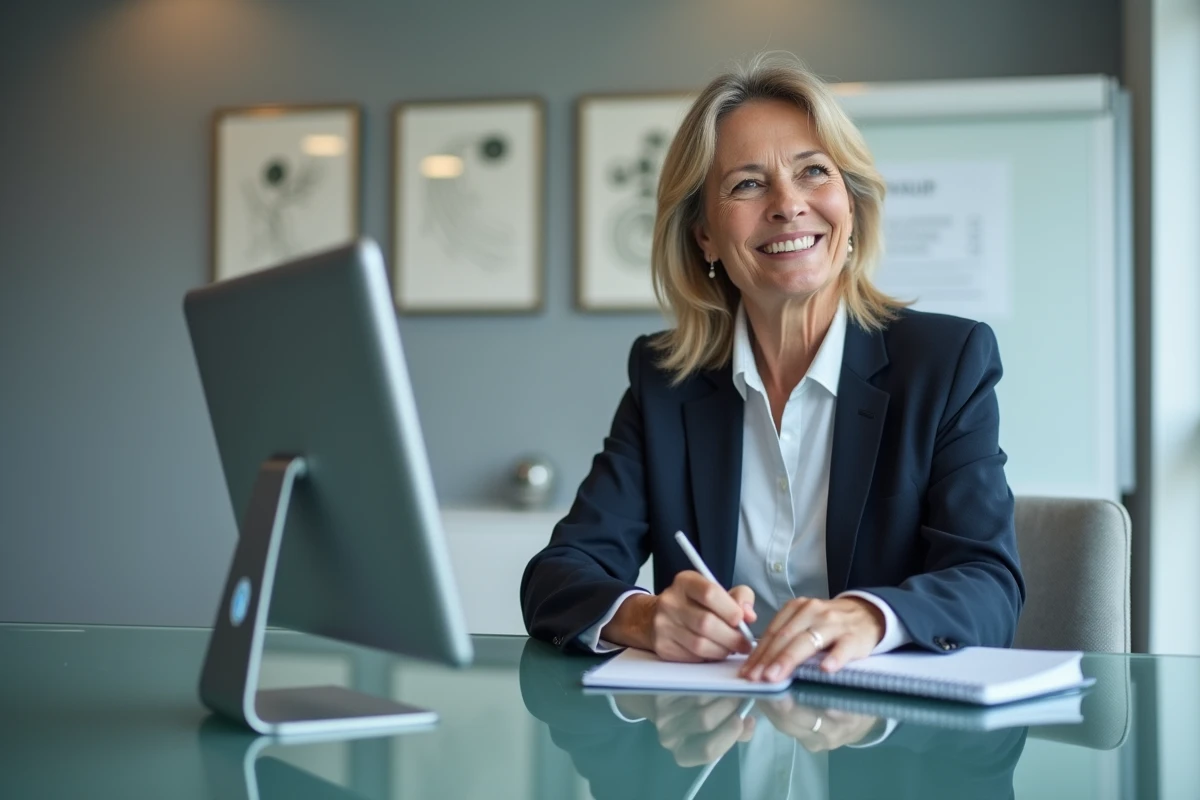 Femme en formation professionnelle suivant un cours en ligne sur la plateforme Moodle via tablette