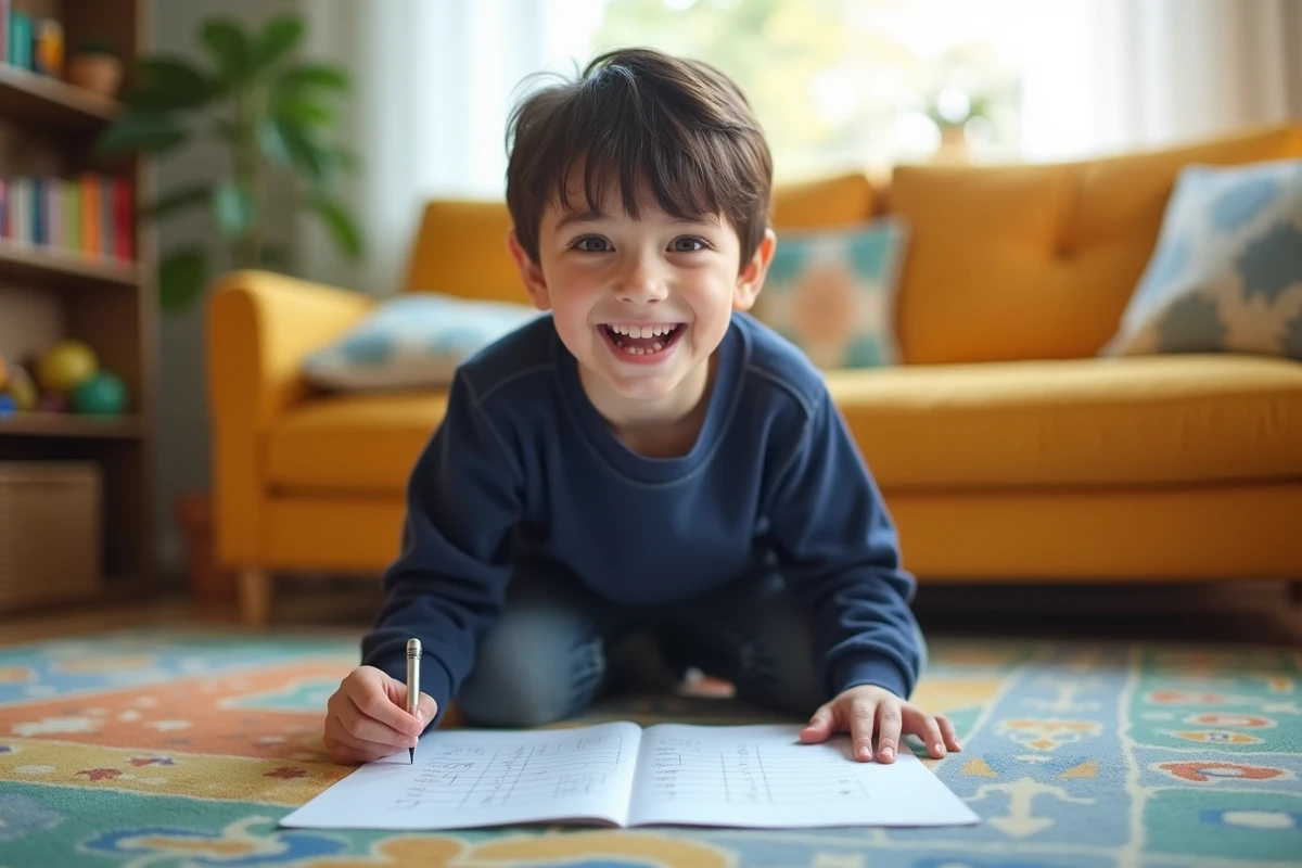 Gar&ccedil;on de 7 ans montrant sa fiche dans un salon color&eacute;