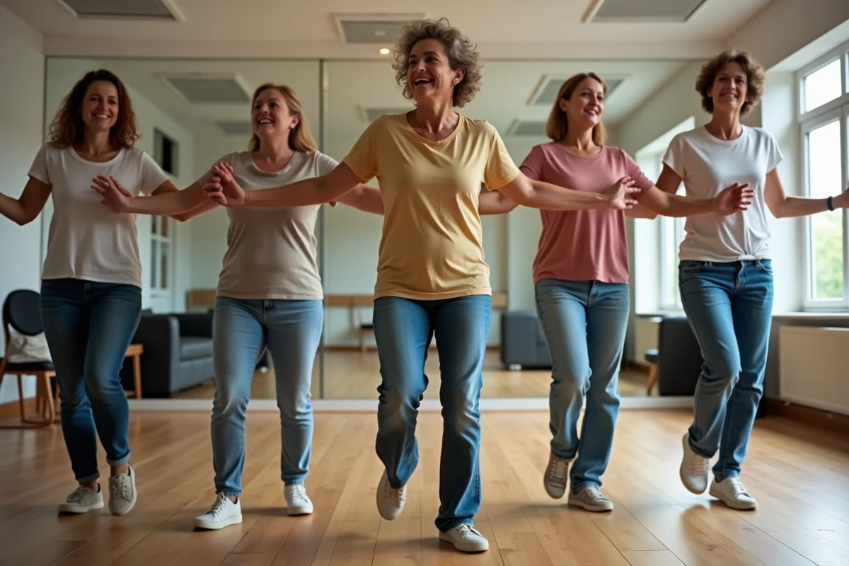 Groupe de débutants adultes apprenant le sirtaki en cercle dans un studio de danse avec parquet en bois et miroirs