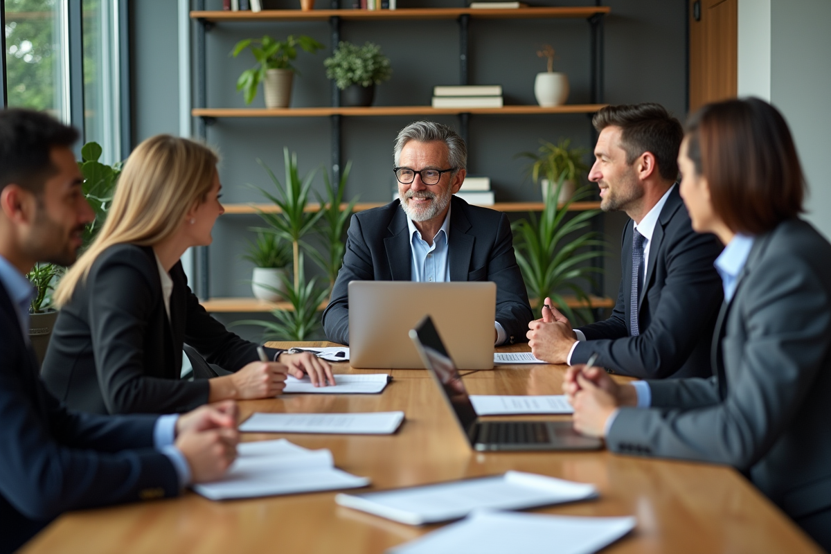 Groupe d'entrepreneurs en réunion dans un bureau moderne