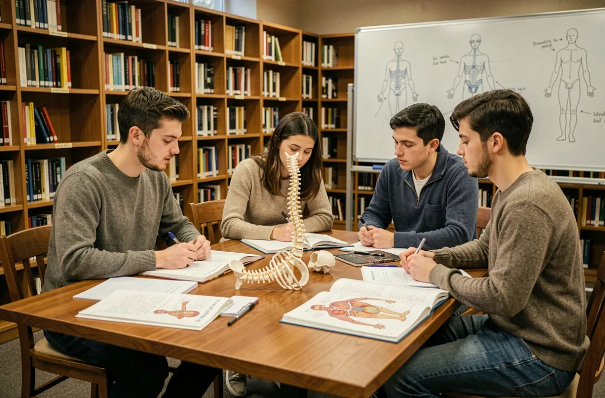 Groupe d'étudiants en ostéopathie révisant ensemble des atlas d'anatomie et un modèle de colonne vertébrale dans une bibliothèque universitaire