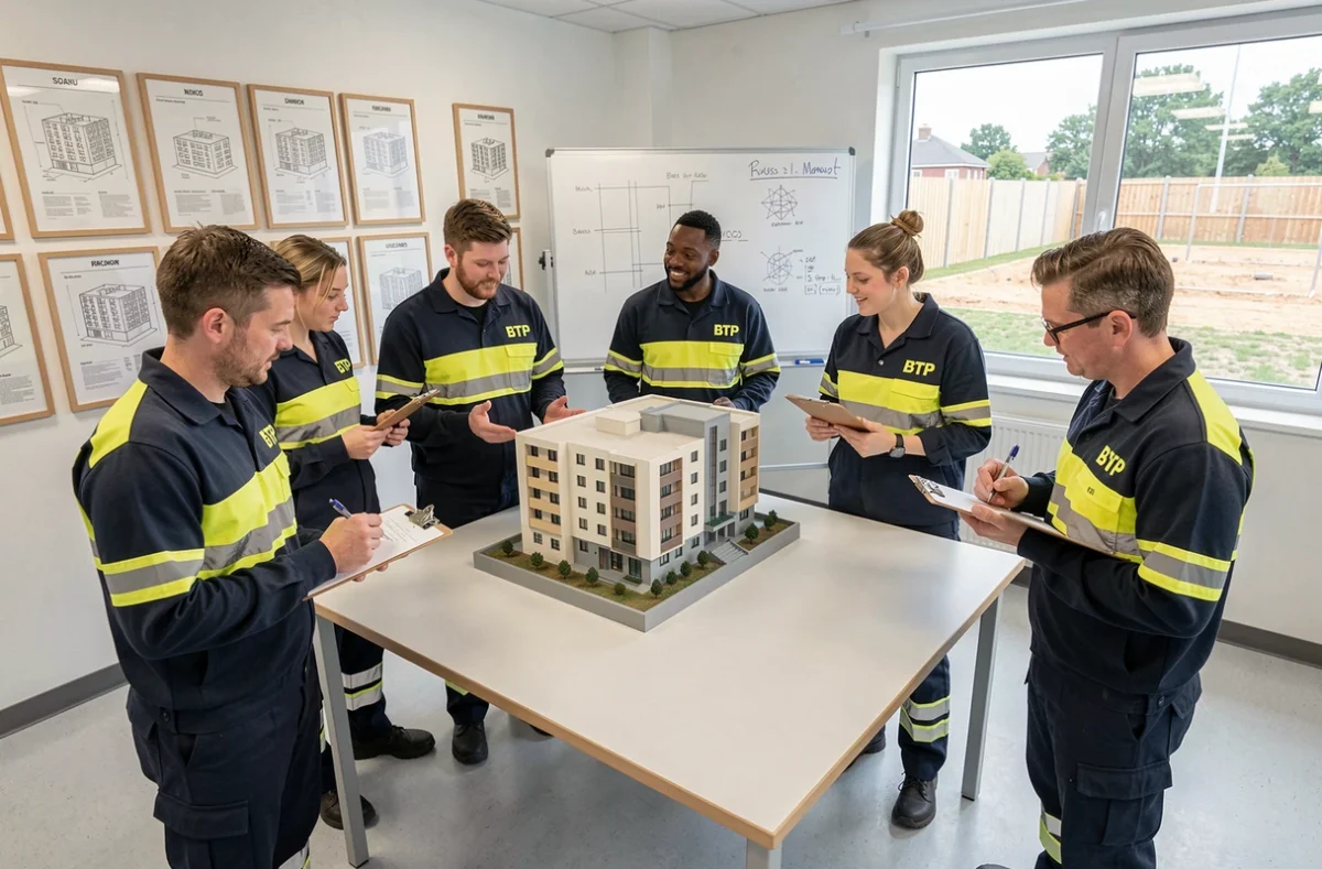 Groupe de stagiaires en formation BTP étudiant une maquette architecturale dans un organisme de formation dédié au bâtiment