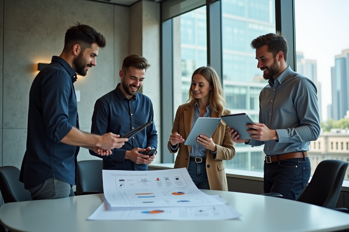 Groupe de jeunes adultes en discussion dans un espace moderne