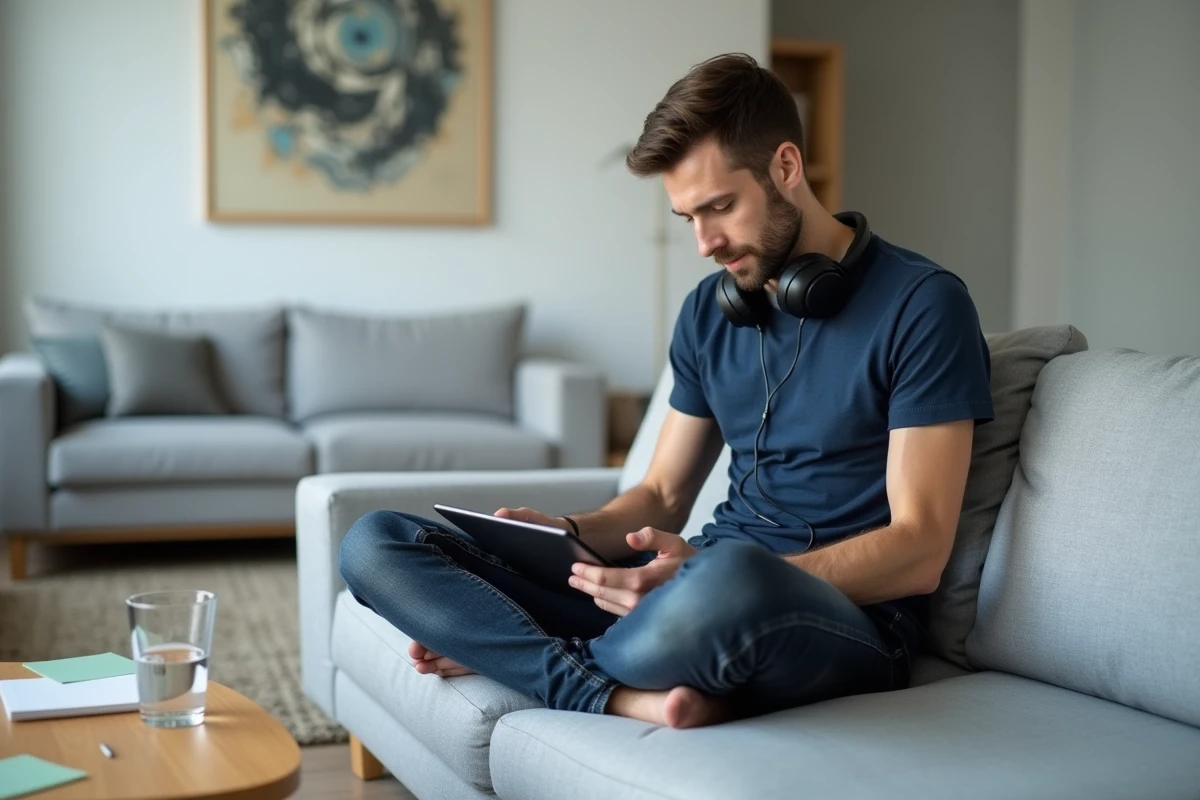 Homme adulte étudiant un cours en ligne sur une tablette installé confortablement dans un salon moderne