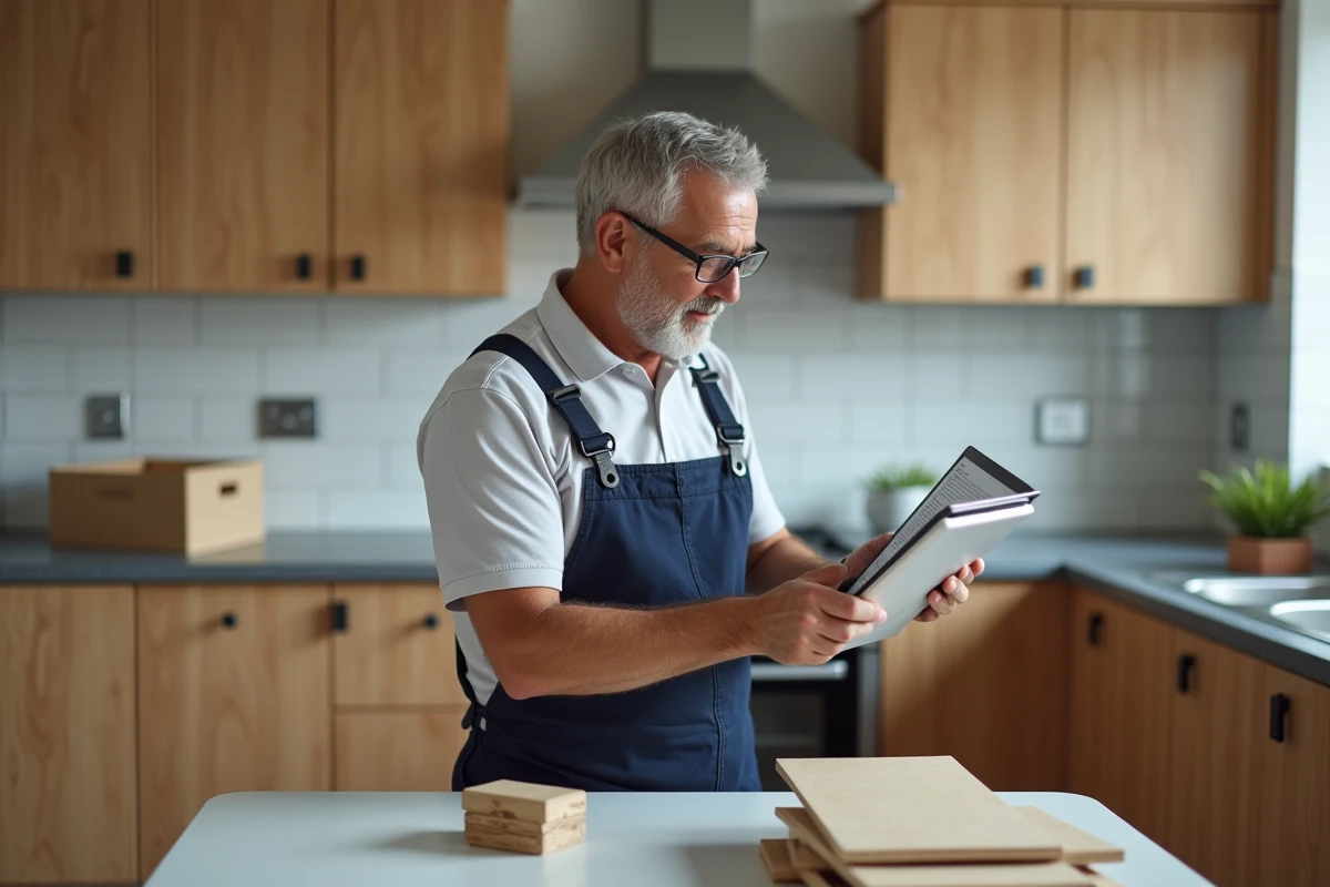 Homme en cuisine r&eacute;nov&eacute;e assemble des meubles avec tablette
