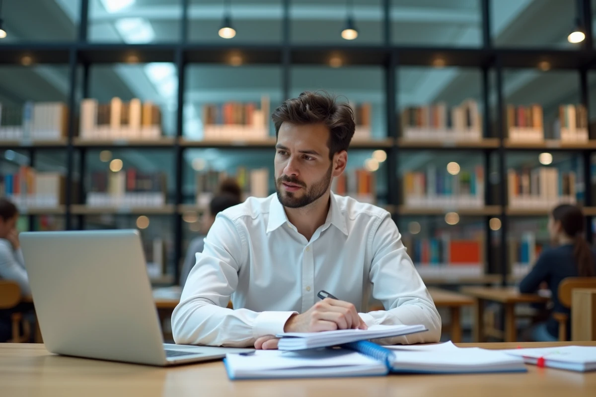 Jeune homme en bibliothèque comparant des documents Solus imprimés et ses propres résumés de révision sur une table moderne