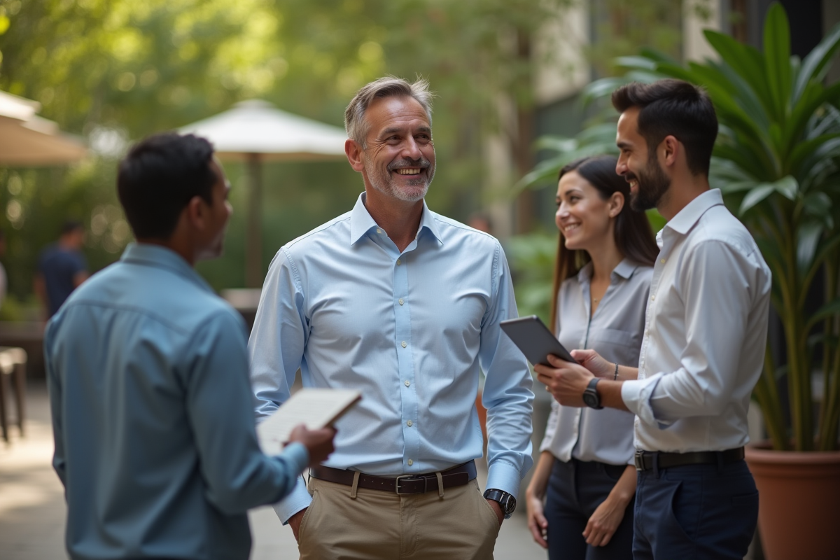 Homme en brainstorming avec équipe en extérieur