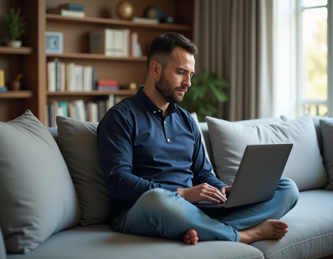 Homme consultant les paramètres de son navigateur depuis son salon pour se connecter à la plateforme edu Normandie