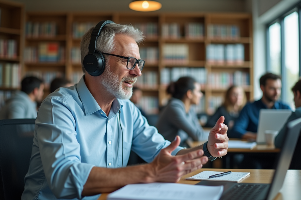 Homme en visioconference dans une bibliothèque moderne et animée
