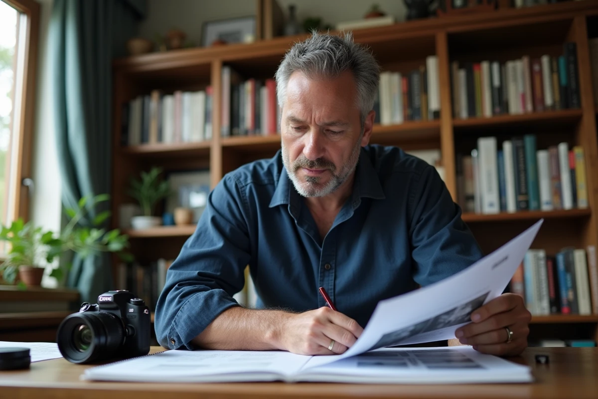 Homme étudiant les bases de la photographie avec des planches contact et un carnet de notes