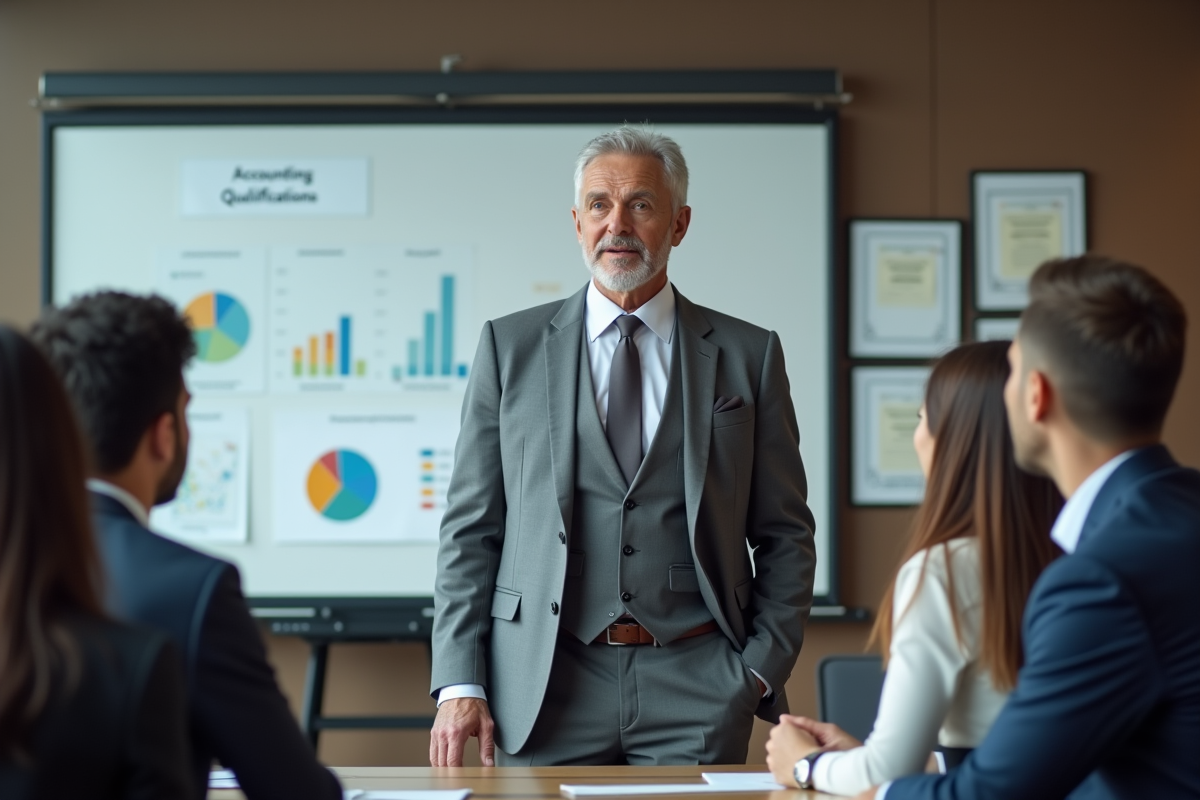 Homme en costume devant groupe de professionnels