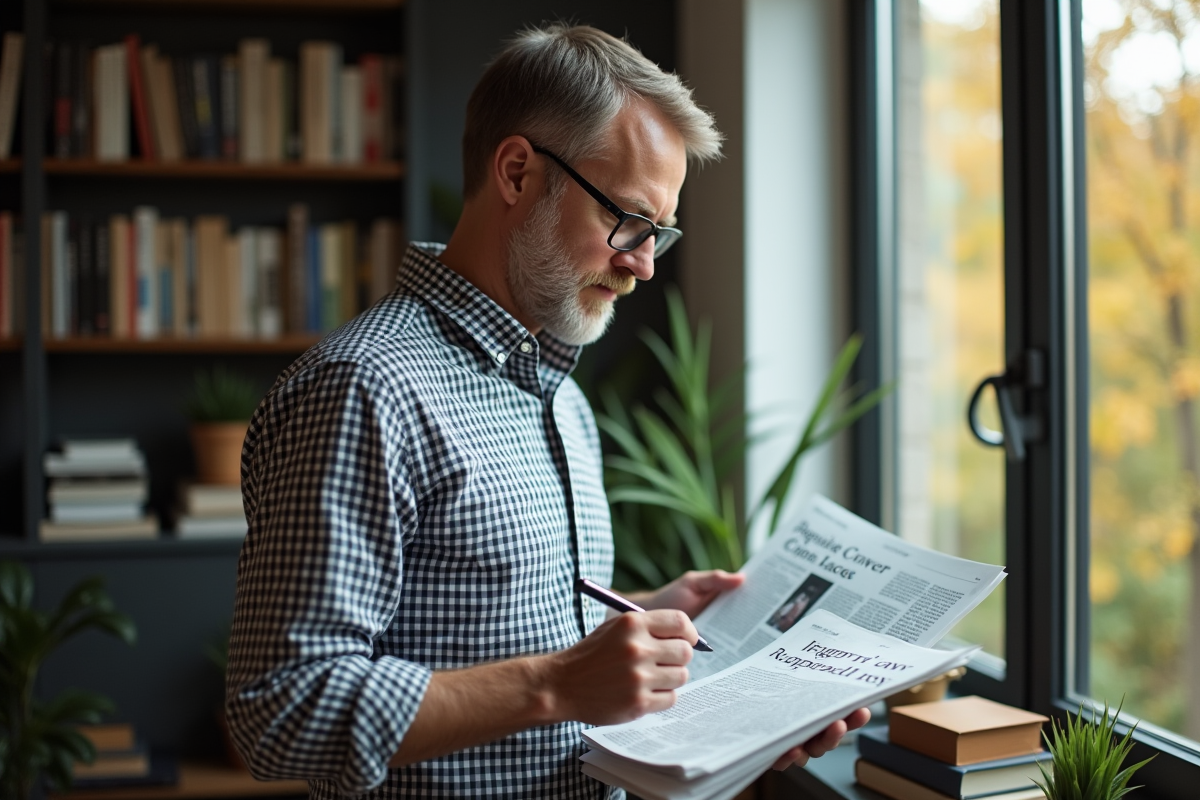 Homme lisant et annotant des articles dans un espace de travail cosy