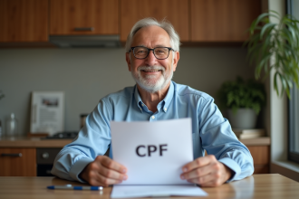 Homme de 58 ans souriant avec documents CPF dans une cuisine chaleureuse