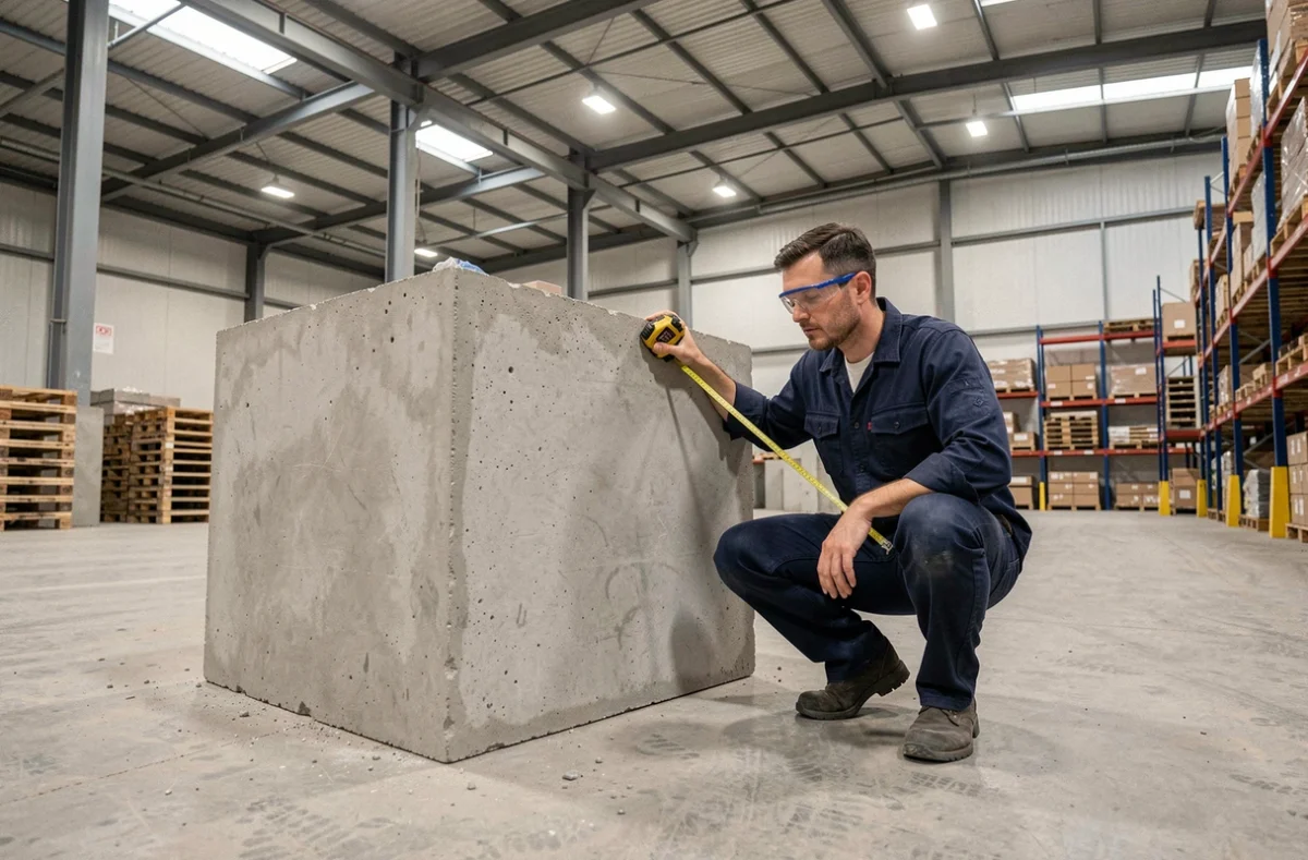 Homme mesurant un bloc cubique en béton dans un entrepôt industriel pour estimer son volume