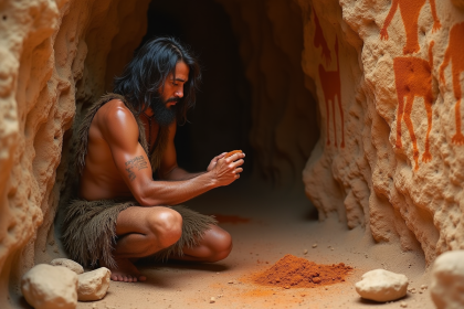 Homme prehistorique appliquant de l'ocre sur une paroi de grotte