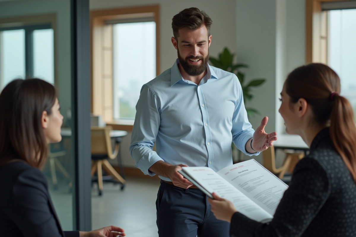 Homme présentant son portfolio à des professionnels