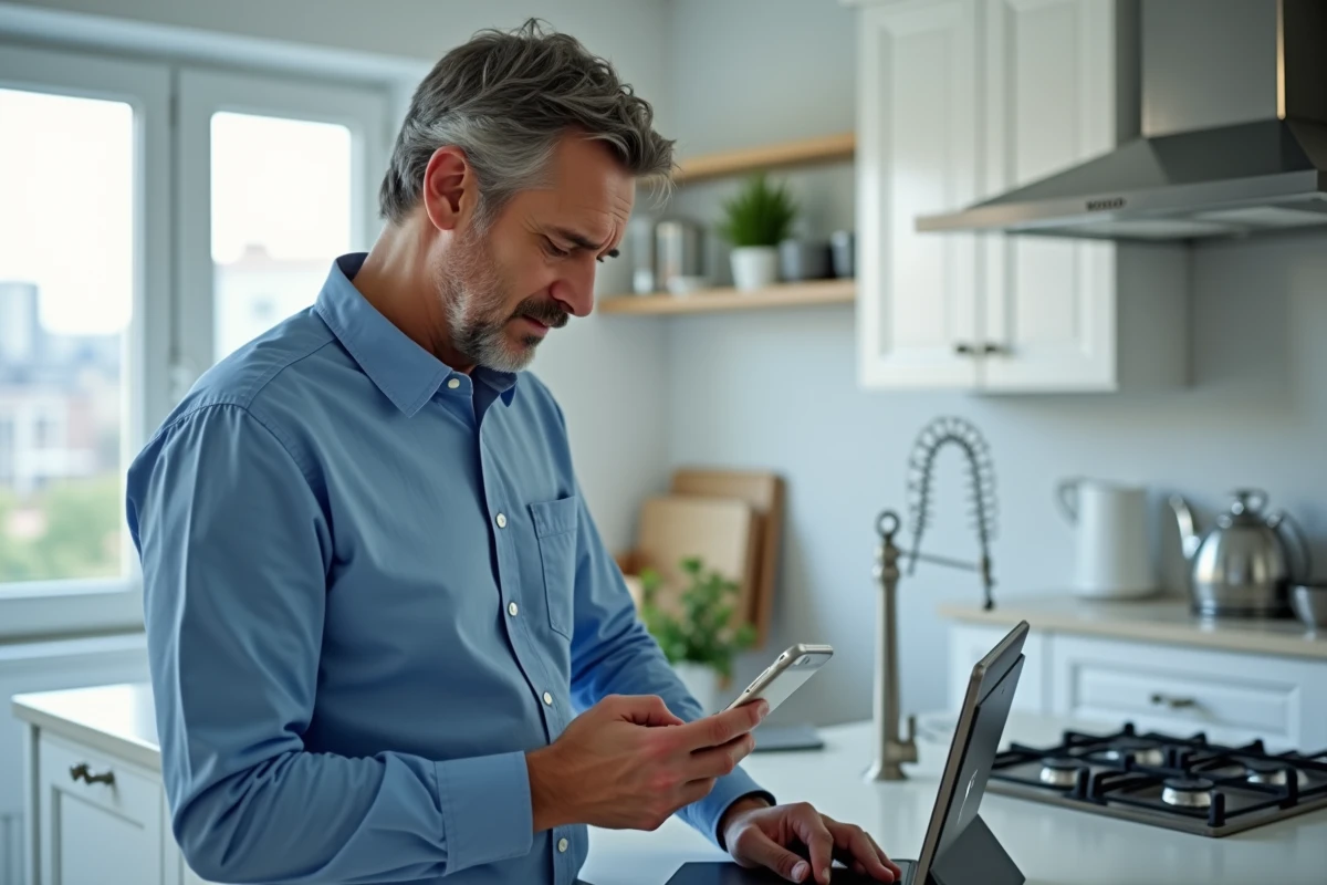 Homme consultant son smartphone et une tablette pour récupérer un mot de passe oublié dans une cuisine moderne