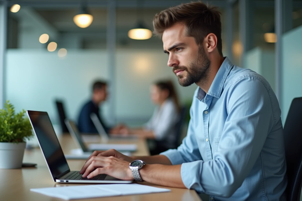 Homme en chemise bleue rédigeant une lettre de motivation sur son ordinateur portable dans un espace de coworking moderne