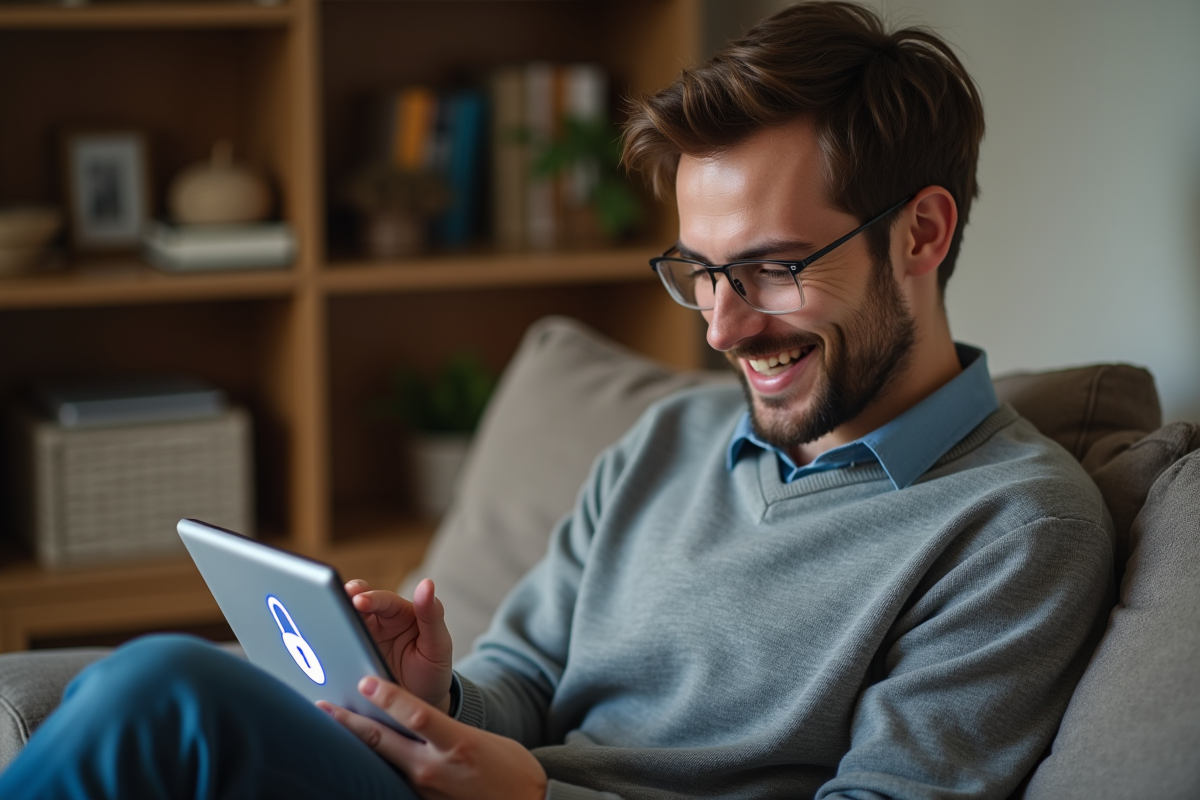 Jeune homme souriant utilisant une tablette pour la sécurité en ligne