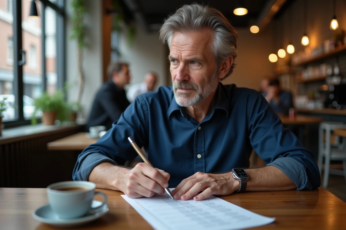 Homme d'âge moyen remplissant un test de QI imprimé dans un café urbain avec une expression concentrée