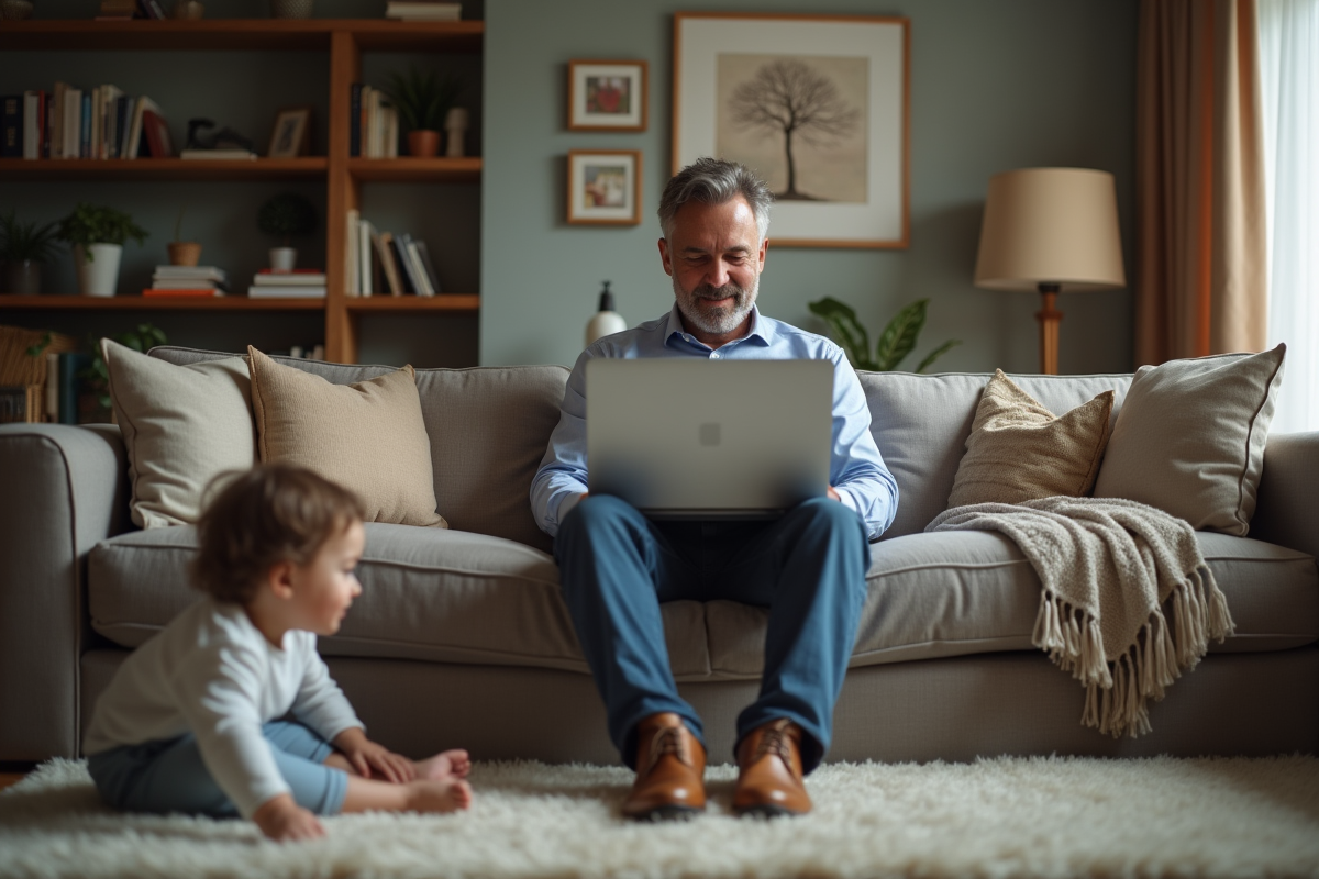 Homme d age moyen travaillant à la maison avec son enfant