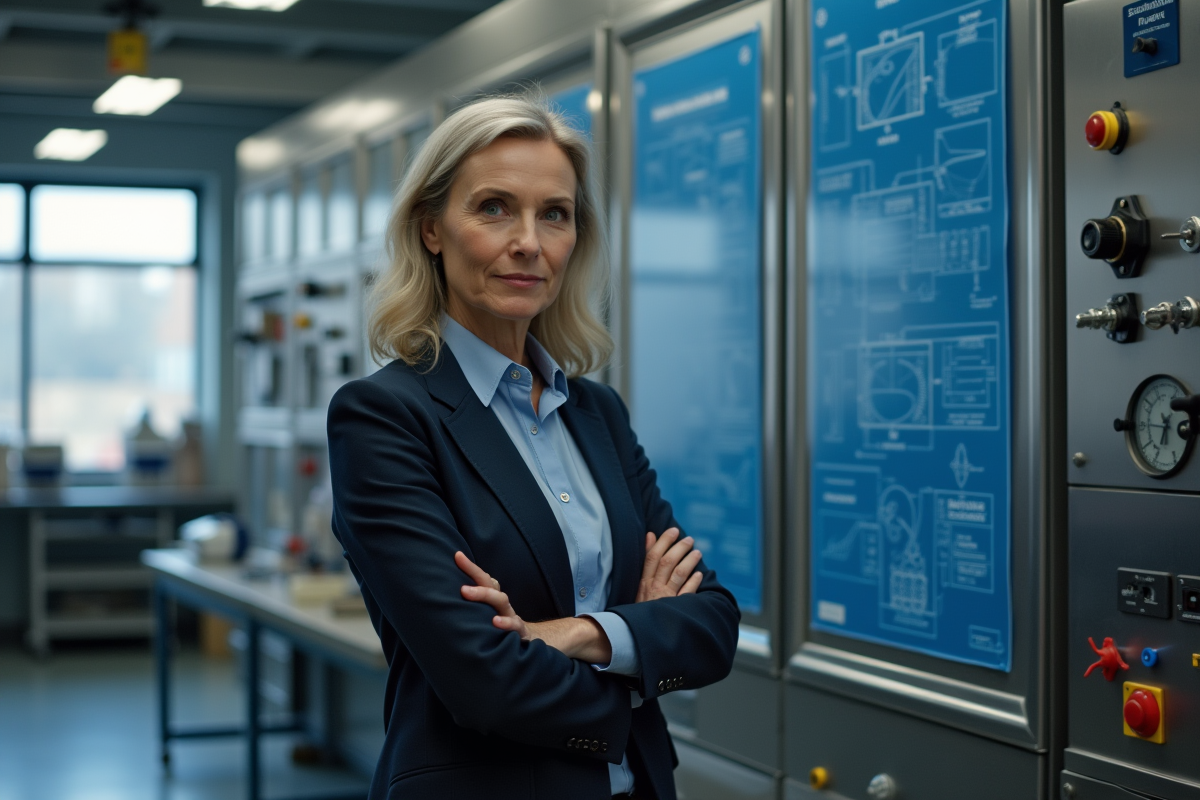 Ingénieure expérimentée devant un panneau technique industriel