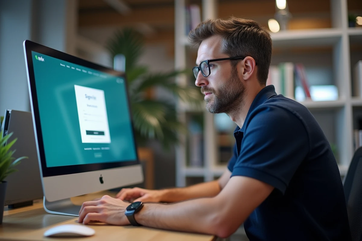 Homme adulte utilisant un ordinateur de bureau pour s'inscrire sur une plateforme web dans un espace de coworking