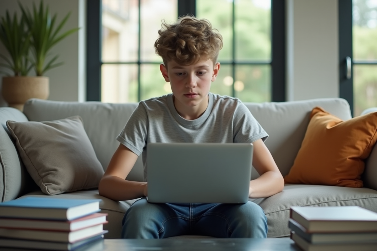Adolescent concentré sur son ordinateur dans un salon moderne
