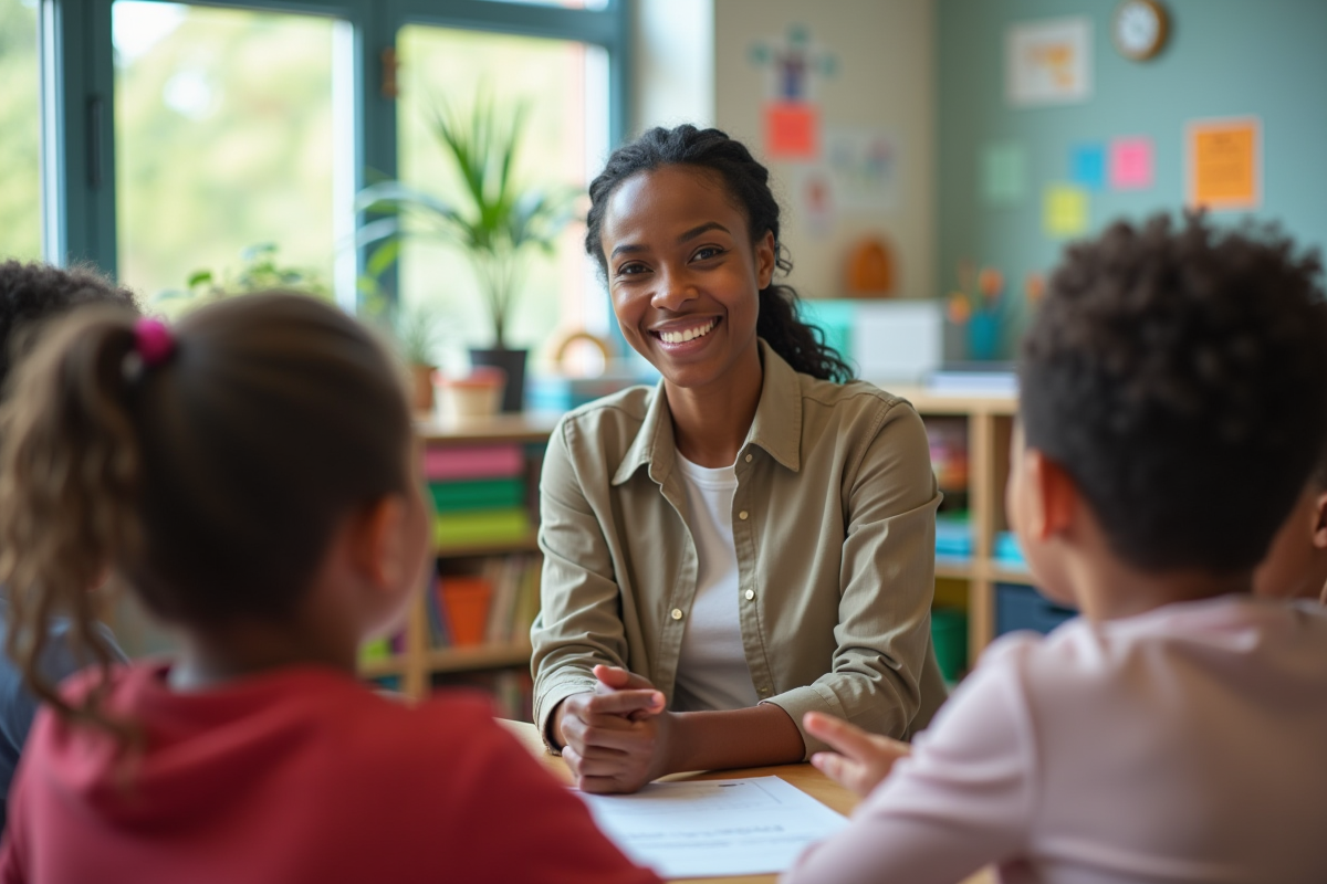 Jeune enseignante avec enfants dans une classe moderne