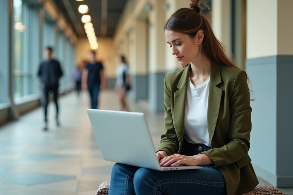 Jeune enseignante consultant des ressources numériques sur son ordinateur portable dans un couloir scolaire