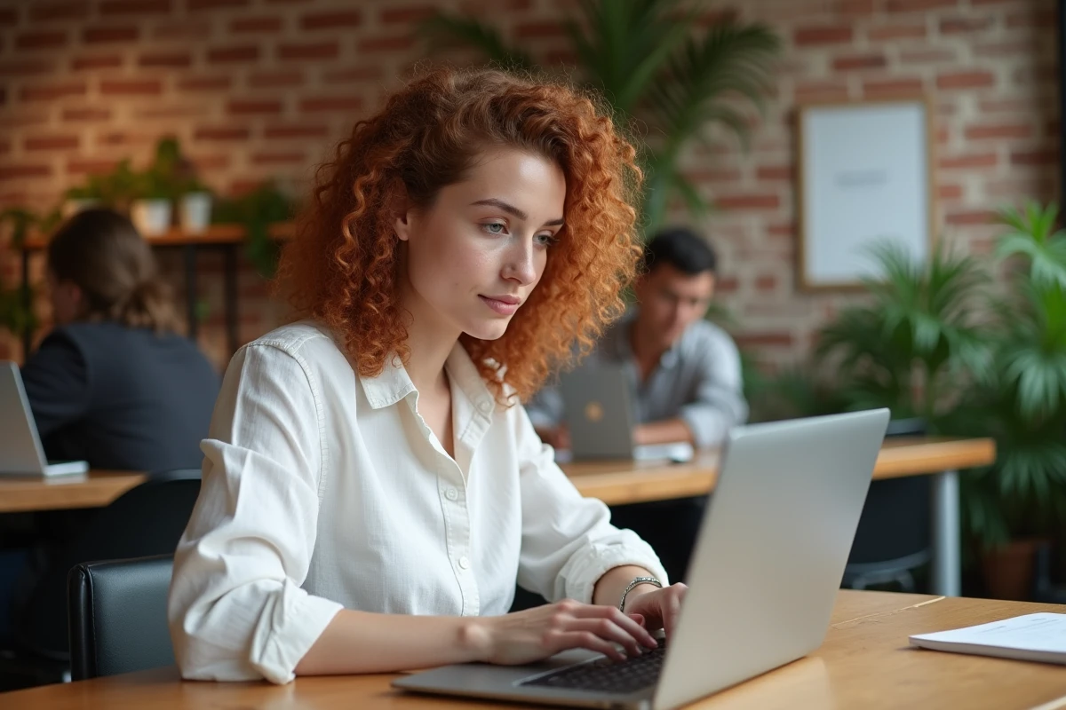 Jeune femme dans un espace de coworking vérifiant un email de récupération de mot de passe sur son ordinateur