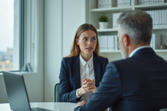 Jeune femme anxieuse lors d'un entretien d'embauche en bureau