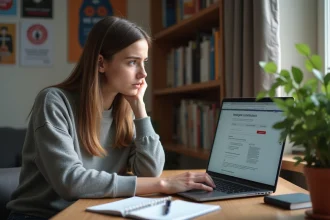 Jeune femme concentrée devant son ordinateur pour une inscription universitaire