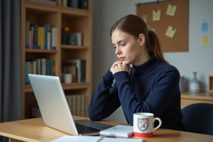 Jeune femme en &eacute;tude dans une chambre universitaire