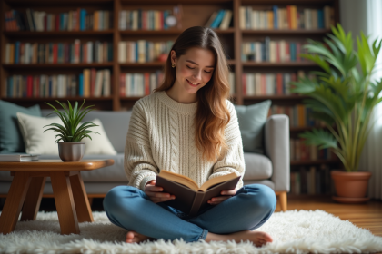 Jeune femme lisant un livre dans un salon chaleureux