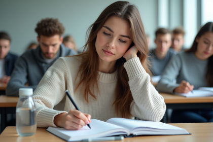 Jeune femme en classe de finance prenant des notes