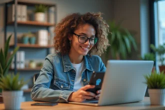 Jeune femme en denim utilisant un ordinateur et smartphone