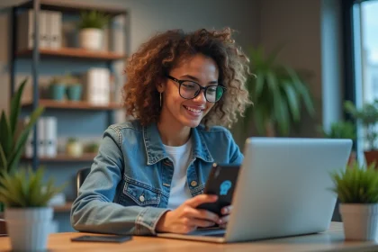 Jeune femme en denim utilisant un ordinateur et smartphone