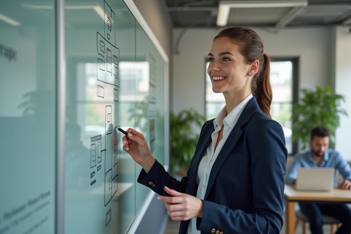 Jeune entrepreneure présentant un diagramme dans un espace de coworking