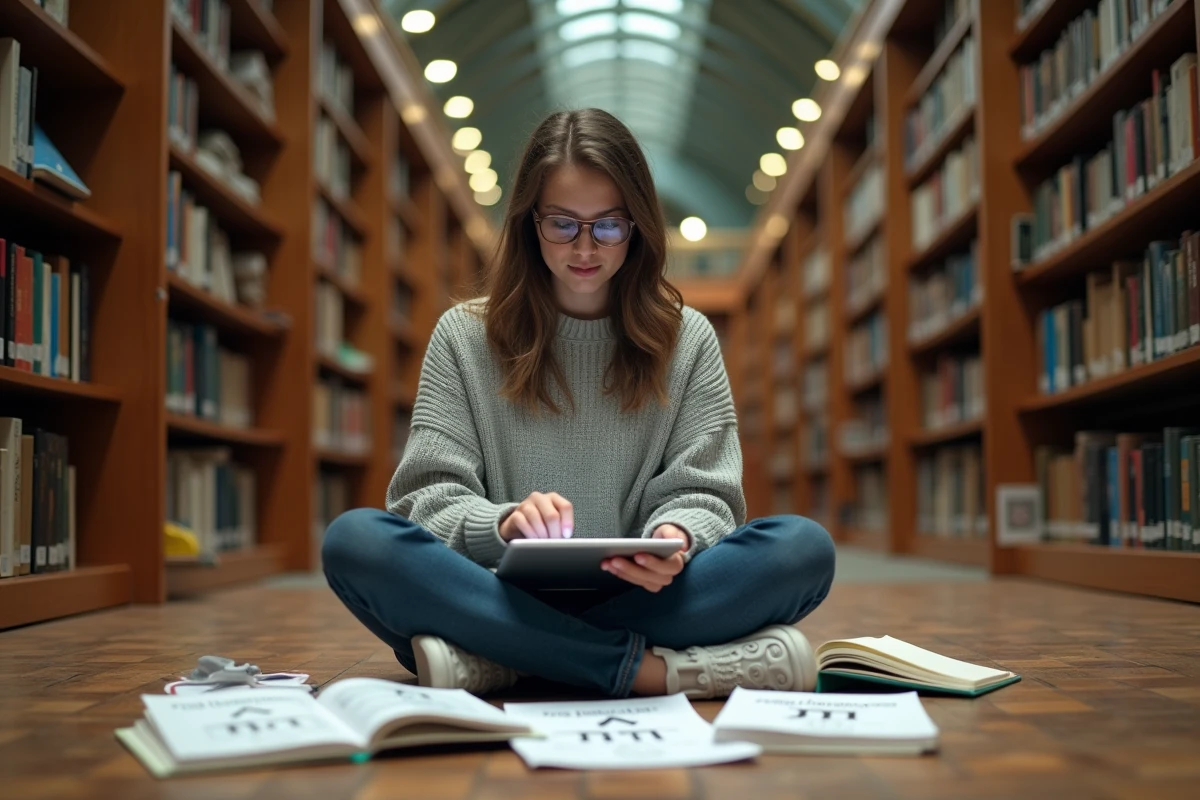 Jeune femme révisant les décimales de Pi avec des cartes quiz et une tablette dans une bibliothèque universitaire