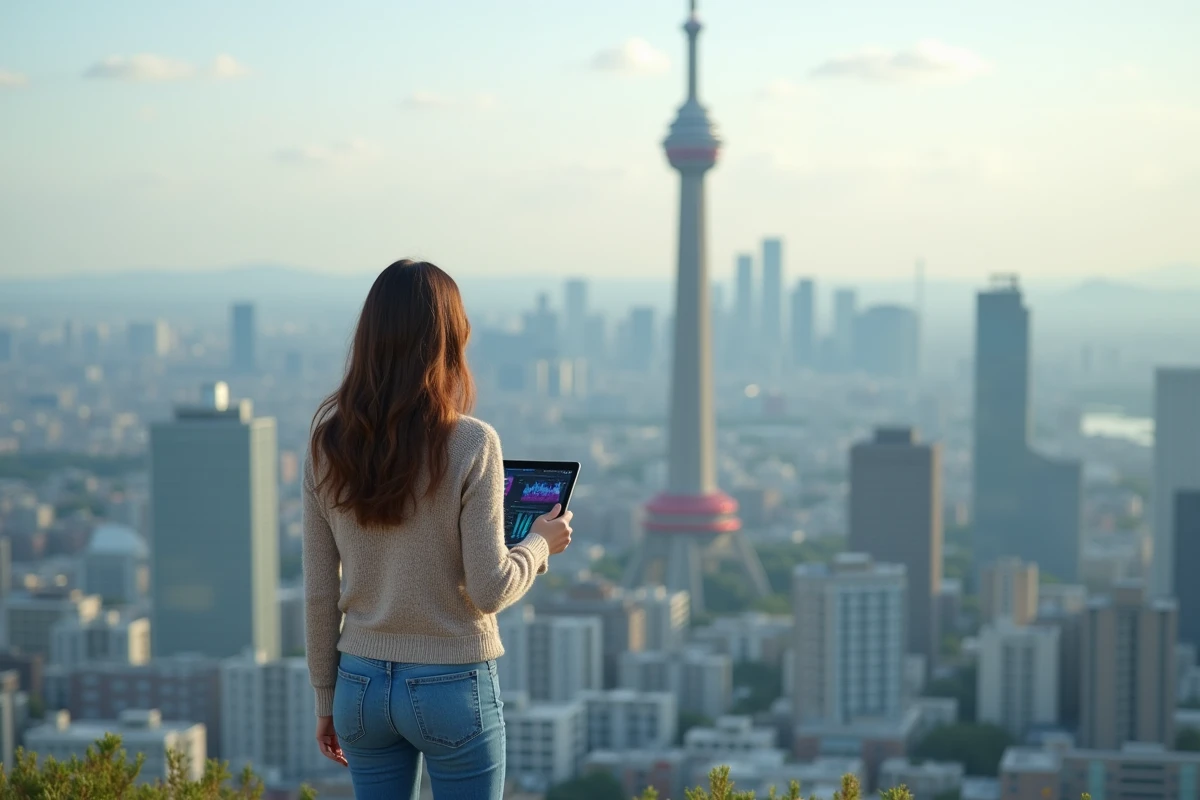 Jeune chercheuse avec tablette sur un rooftop urbain